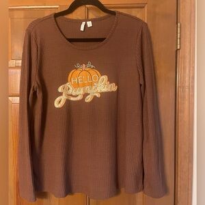 EUC Ladies Cato Hello Pumpkin Fall Brown Waffle Knit Top Size Medium